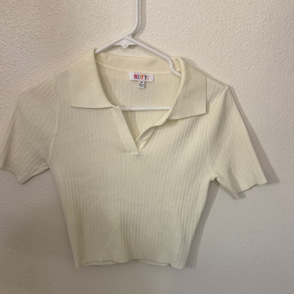WAYF Women's Ivory Ribbed Crop Polo